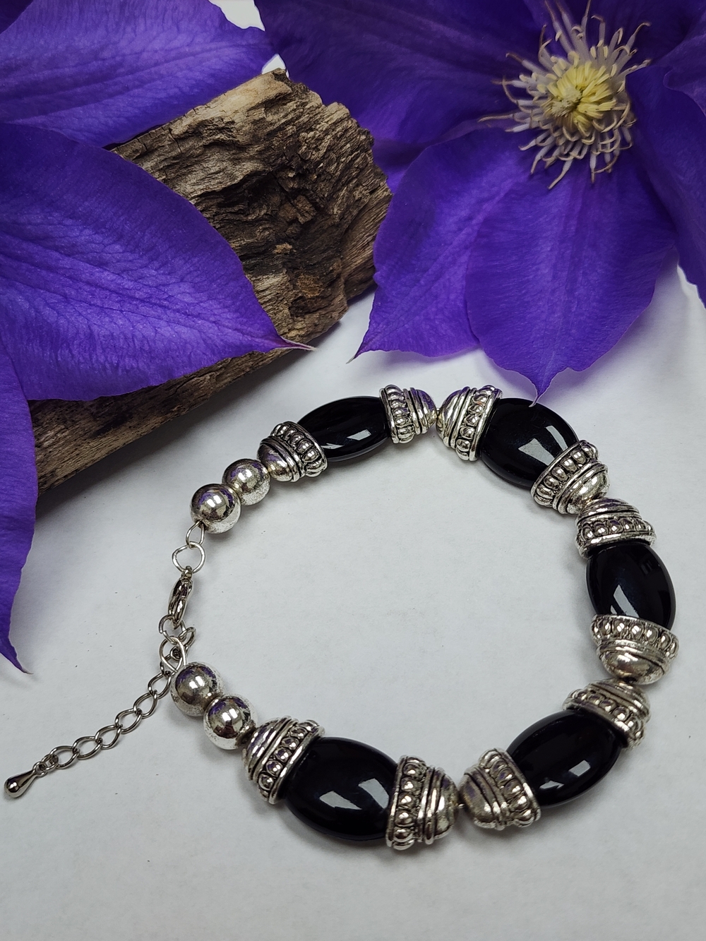 Handcrafted Bracelet Black Beads With Silver Toned Accents